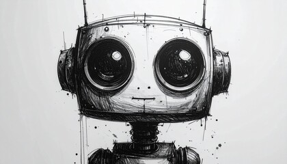Expressive monochrome sketch of a small, cute robot with big curious eyes, featuring a rough, bold line art style that evokes a nostalgic, retro technological feel