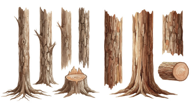A collection of various cartoon tree trunks, stumps, and logs with detailed brown bark texture isolated on a transparent background.