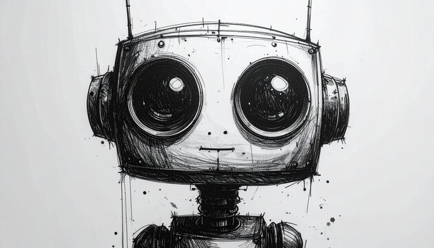 Expressive monochrome sketch of a small, cute robot with big curious eyes, featuring a rough, bold line art style that evokes a nostalgic, retro technological feel