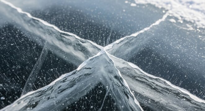Stunning glacial ice formation with abstract patterns and frozen bubbles on a wintery surface
