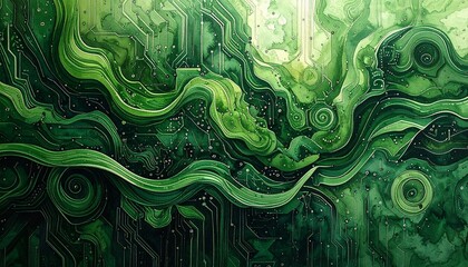 Abstract digital illustration of flowing green organic lines intertwined with intricate circuit board patterns, evoking a vibrant blend of nature and technology in a hand-drawn style