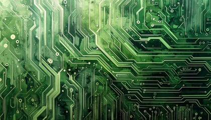 Vibrant green circuit board with glowing electrical pathways, symbolizing digital innovation and advanced technology, depicting a complex interconnected system