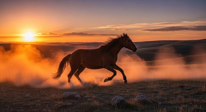 Majestic horse galloping freely across golden plains at sunset creating a beautiful dust cloud - Powered by Adobe