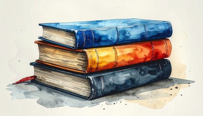 Watercolor painting of stacked old books, featuring bold ink outlines and a rich color palette, representing knowledge, history, and timeless wisdom
