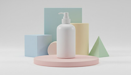 A blank, white, minimalist cosmetic lotion pump bottle gracefully presented on a soft pastel pink podium, surrounded by various geometric shapes in a clean, modern studio setting