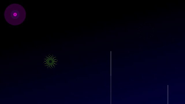 Minimalist Flat Design Fireworks on Dark Blue. A Clean, Geometric Celebration Animation Loop.