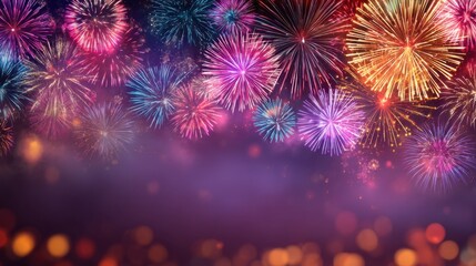 Colorful Fireworks Display Against Dark Night Sky with Bokeh Effect for Celebrations, Events, or Festivals in a Vibrant Atmosphere