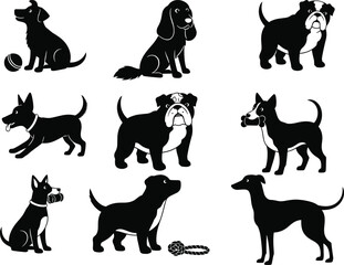Dog silhouettes collection, different breeds, sitting, standing, playing, bone toy, rope toy, pet care, loyalty, friendship, canine illustration