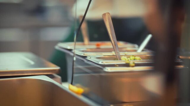 Workers prepare various fast food snacks in a busy industrial kitchen, focusing on meal assembly for eager street eatery customers during peak hours