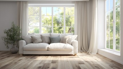 Fototapeta premium Bright and Airy Living Room with Comfortable Sofa and Large Windows Overlooking Greenery.