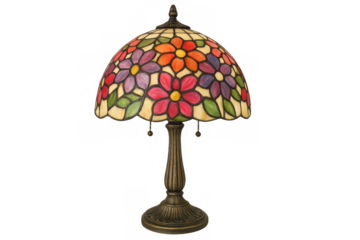 Vintage stained glass table lamp with colorful floral pattern offering elegant ambient light on transparent background
