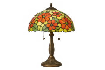 Stained glass table lamp showcasing colorful floral patterns, an antique art nouveau decorative light fixture, transparent background