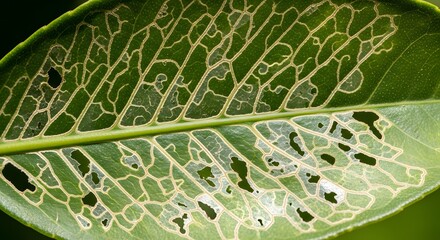 Macro shot of green skeleton leaf showing intricate vein network and insect holes