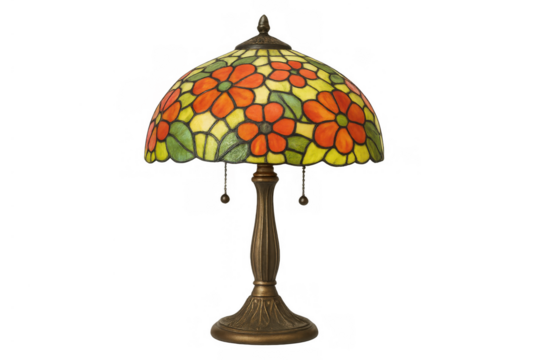 Stained glass table lamp showcasing colorful floral patterns, an antique art nouveau decorative light fixture, transparent background