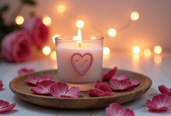 Elegant frosted glass candle with heart emblem surrounded by pink rose petals on wooden tray. Soft bokeh lights background. Romantic atmosphere for Valentine's Day 2026, love celebration, relaxation