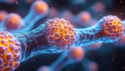 Abstract molecular structure glowing with orange and blue light against a dark background science and technology concept