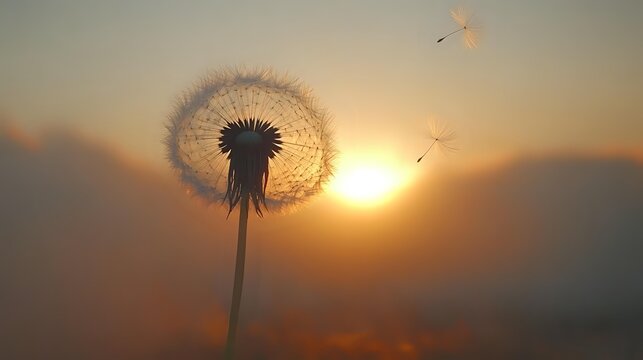 Dandelion silhouette against golden sunset sky with seeds floating away on breeze, symbolizing freedom, hope, and new beginnings. - Powered by Adobe