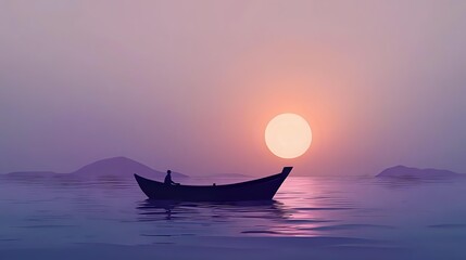 Silhouette of person in wooden boat on calm water at sunset with purple sky and glowing sun on horizon, creating peaceful seascape.