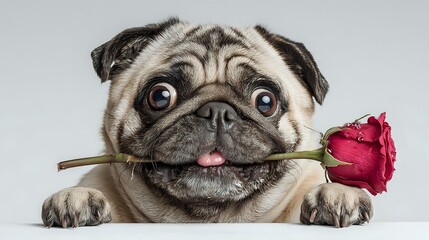 Adorable pug dog holding red rose in mouth, looking at camera with expressive eyes and tongue out. Perfect for Valentine's Day or pet-themed designs.