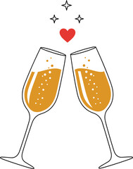 Two Champagne Glasses Toasting with Sparkling Wine, Red Heart, and Stars, Representing Celebration, Love, Happy Anniversary, and Special Occasion Vector.