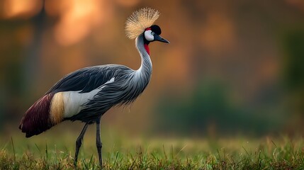 Naklejka premium Elegant grey crowned crane with distinctive white cheek patches and golden crown standing in lush green grass against warm sunset background.