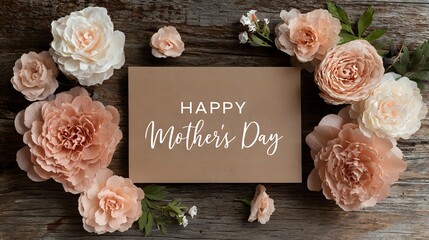 Elegant Mother's Day card with handwritten text surrounded by delicate peach and cream roses on rustic wooden background.