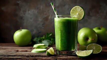 Fresh green smoothie with lime garnish and green apples on rustic wooden table, perfect for healthy lifestyle and detox diets.
