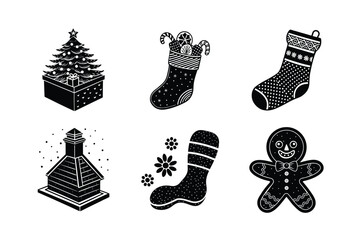 set of christmas silhouette icons