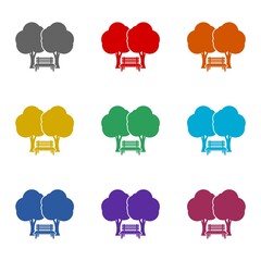 Park Bench with tree icon isolated on white background. Set icons colorful