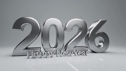 Bold metallic numbers for the year 2026 with a Happy New Year message on a reflective silver surface, symbolizing a modern celebration