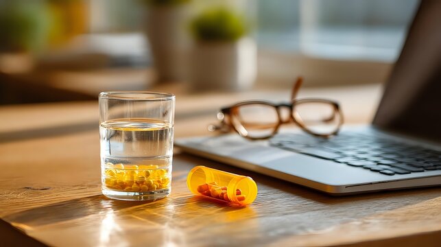 Medication capsules with water glass on wooden desk next to laptop and reading glasses in warm sunlight, home office setting. - Powered by Adobe