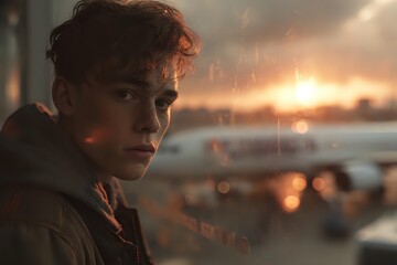 Pensive young man with red hair gazing through rainy window at sunset, airport in background, moody atmospheric lighting creates emotional travel scene.