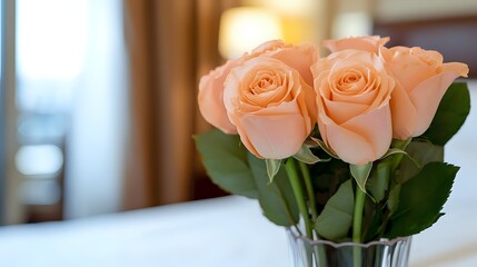 Elegant peach roses in crystal vase on white table, creating romantic atmosphere with soft bokeh background in cozy interior setting.