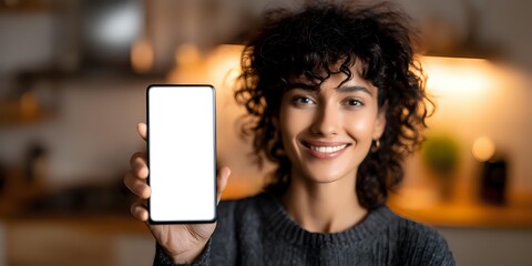 Young woman with curly hair showing blank smartphone screen in cozy home environment with warm lighting.