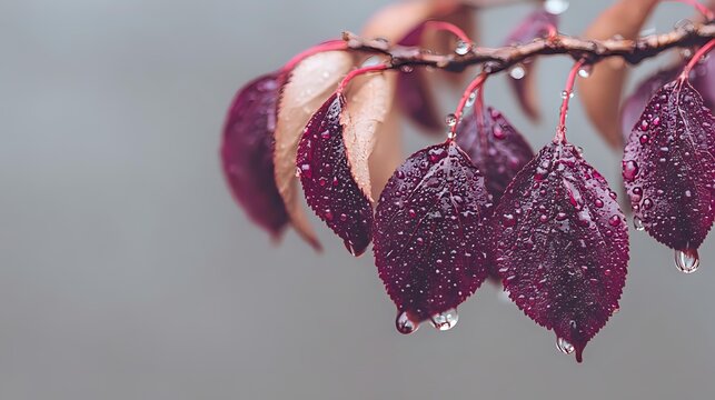 Raindrops on burgundy autumn leaves with water droplets glistening on dark purple foliage against blurred gray background.