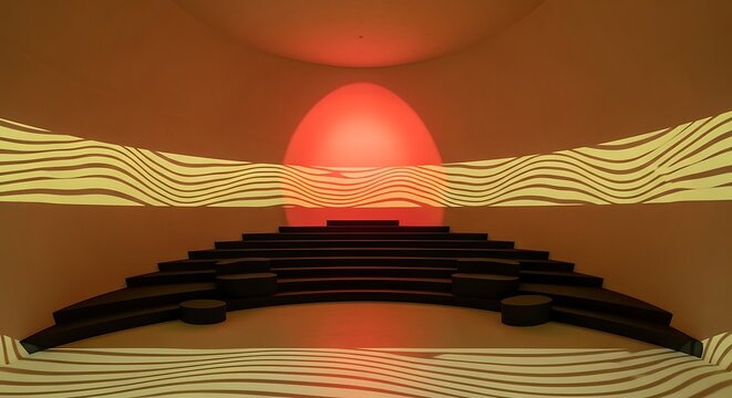 Abstract interior with illuminated patterns and concentric staircase form