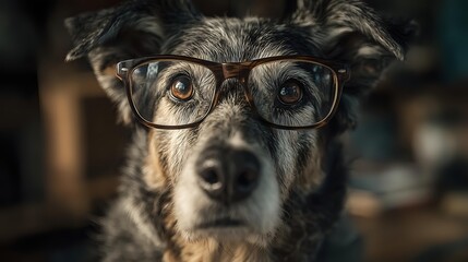 Close-up portrait of senior mixed breed dog wearing glasses, looking wise and attentive against blurred background.