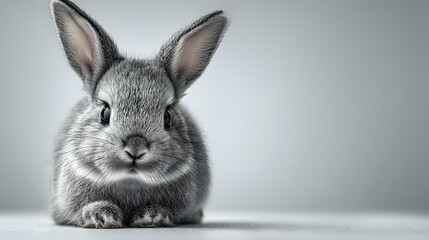 Gray baby rabbit with large ears looking directly at camera against minimalist light background, perfect for animal care or pet adoption campaigns.