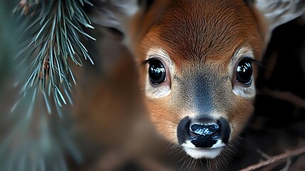 Obraz premium Close-up portrait of young deer fawn with large eyes and wet nose, showing innocent expression against blurred forest background.