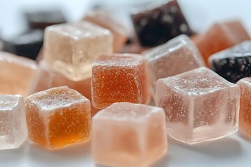 Assorted colorful fruit jelly cubes coated with sugar crystals on white surface, close-up view of gummy candy dessert treats.