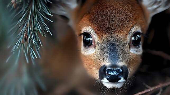 Close-up portrait of young deer fawn with large eyes and wet nose, showing innocent expression against blurred forest background.