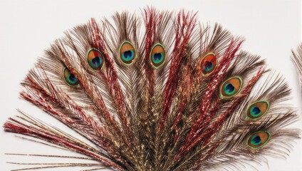 Obraz premium Elegant Peacock Feather Display with Vibrant Eye Patterns and Red Accents.