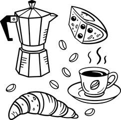 Hand drawn breakfast doodles set. Vector illustration of coffee and food icons in chalk, crayon drawing style for invitations, menus, parties. Minimalist line art. La dolce vita italian style