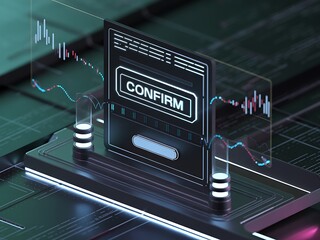 Futuristic digital interface with a 'CONFIRM' button, displaying data charts and graphs in a high-tech environment.