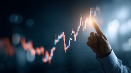 Businessman hand touching a glowing digital stock market chart showing upward trend and growth.