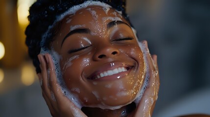 Young African American woman washing face with cleanser foam, enjoying skincare routine with closed eyes and gentle smile.