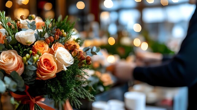 Elegant bouquet with peach and white roses, greenery, and berries against blurred festive background with bokeh lights. - Powered by Adobe