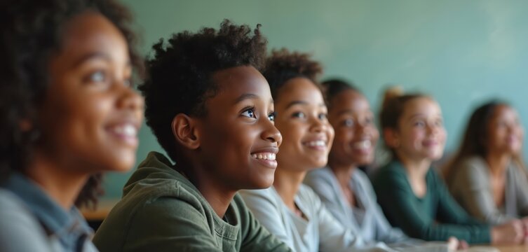 Diverse kids listen intently in school lesson. Young boys and girls at desk, learning together in modern classroom, curious minds engaged. Education, future success.