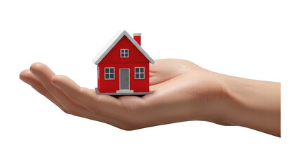 Miniature residential structure resting gently within an open palm suggests ownership or secure housing