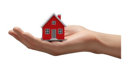 Miniature residential structure resting gently within an open palm suggests ownership or secure housing